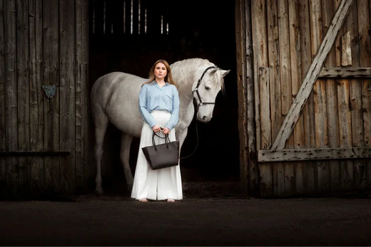 black equestrian tote bag, white horse