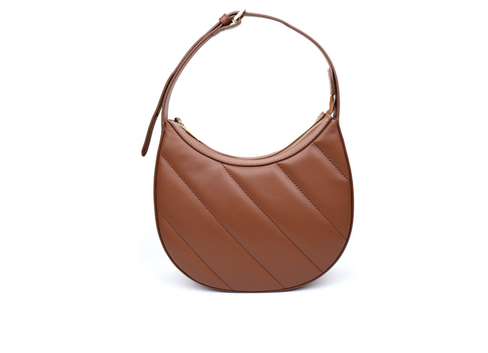 brown leather handbag with golden zipper